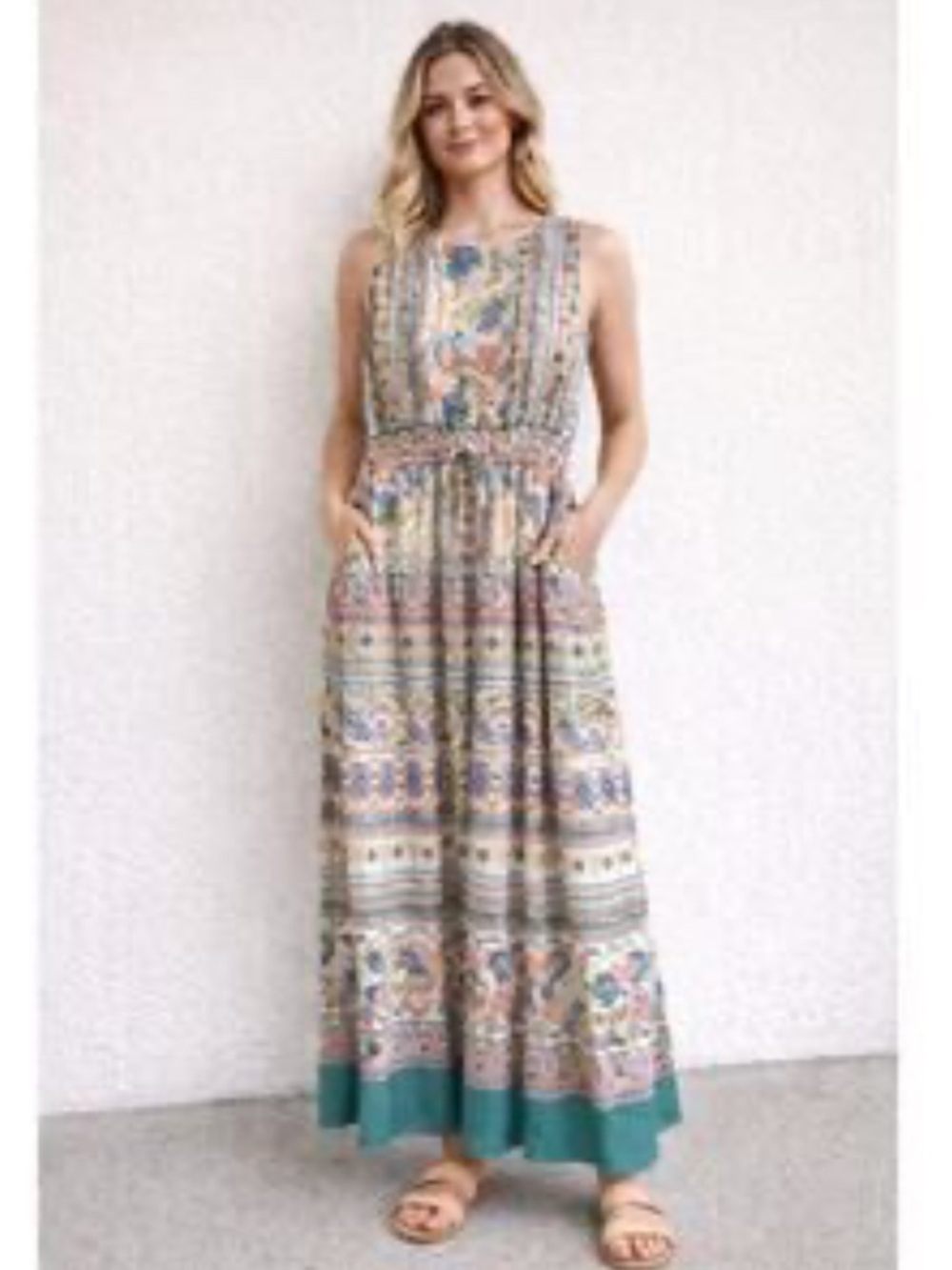 Maison Tara Multicolor Boho Maxi Skirt with Teal Hem
